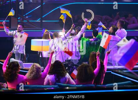 Rotterdam, Netherlands. 17th May, 2021. The Ukraine team cheers during the second dress rehearsal of the first semi-final of the Eurovision Song Contest (ESC) at Ahoy Arena. Credit: Soeren Stache/dpa-Zentralbild/dpa/Alamy Live News Stock Photo