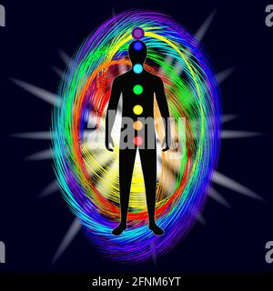 The aura of the body. The rainbow color marks the layers of the male body. Etheric, emotional, astral. The chakral system. Black background.Illustrat Stock Photo