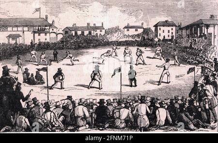 sports, cricket, cricket match in England, wood engraving, 1849, ADDITIONAL-RIGHTS-CLEARANCE-INFO-NOT-AVAILABLE Stock Photo