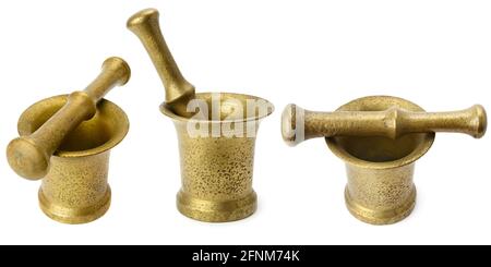 Set old copper mortar with pestles from different angles isolated on white background Stock Photo