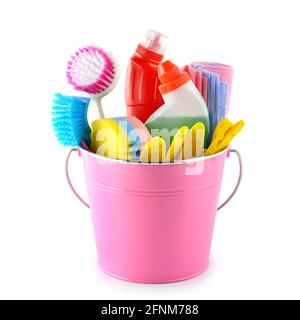 Yellow Bucket With Cleaning Supplies Isolated On White Background Stock  Photo, Picture and Royalty Free Image. Image 11733199.