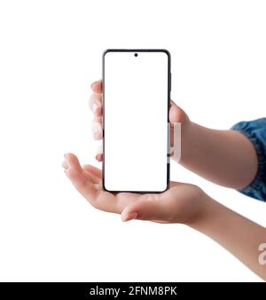 Smart phone mockup in woman hands isolated. Hands showing the front of the phone. App presentation concept Stock Photo