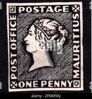 mail, postage stamps, Great Britain, Mauritius, one penny postage stamp, 1847, ADDITIONAL-RIGHTS-CLEARANCE-INFO-NOT-AVAILABLE Stock Photo