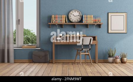 Retro style home office with small wooden desk, chair and shelf with books - 3d rendering Stock Photo