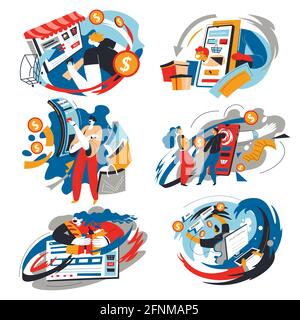 Shopping online, people using websites and stores Stock Vector