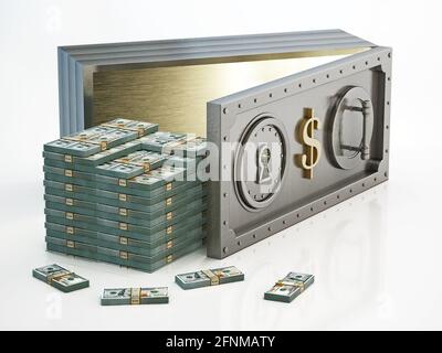 Dollar bill shaped money safe and bankrolls isolated on white background. 3D illustration. Stock Photo