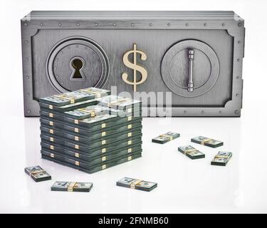 Dollar bill shaped money safe and bankrolls isolated on white background. 3D illustration. Stock Photo