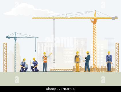 Building construction work with construction workers on the construction site Stock Vector
