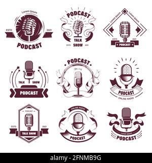 Podcasts symbols and emblems with vintage mic Stock Vector