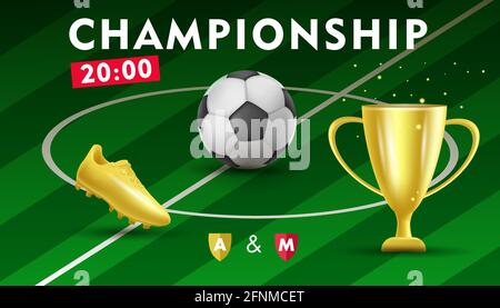 Golden soccer or football pattern with golden boot, horn and trophy cup and ball and whistle, best tournament award and fan attributes background Stock Vector