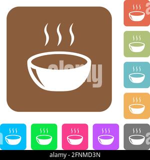 Glossy steaming bowl flat icons on rounded square vivid color backgrounds. Stock Vector