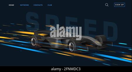 Web banner with super car sport bolide, black auto in movement with bright speed lights on dark background, promo website Stock Vector