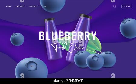 Blueberry juice or yogurt promo banner for advertising landing page with 3d berries illustration and jar or bottle on dark blue backdrop with waves Stock Vector