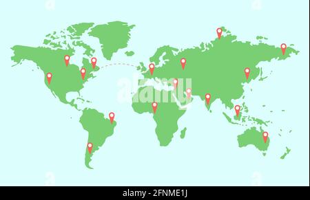 Colored illustrated map of the world with continents and navigator pin red mock up. location icon, Destination points. Stock Vector