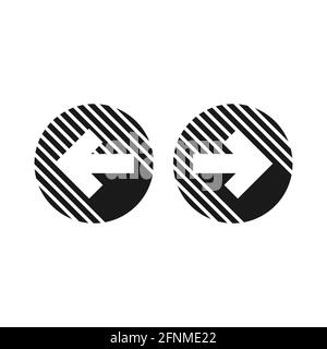 Set of arrows. Black left and right sharp arrows in circle icons. Isolated on white. Continue icon. Back and next signs. East and West arrow. Stock Vector