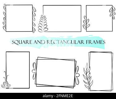 Set of rectangular and square frames. Vector. Simple black frames with flowers and leaves. Line art style. Templates for postcards and design. Minimal Stock Vector