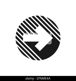 white squared right arrow with shadow in black stripy circle. Icon isolated on white. Continue, log int, enter button. Next sign. East arrow. Stock Vector