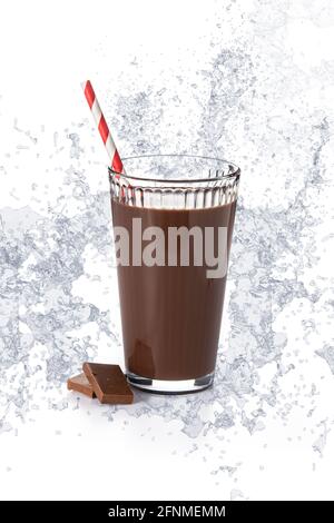 Chocolate milkshake splashing in glass isolated on white background Stock Photo