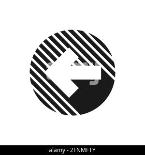 white squared left arrow with shadow in black stripy circle. flat icon. Isolated on white. Continue icon. Back sign. West arrow. Stock Vector
