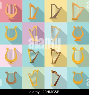 Harp icons set, flat style Stock Vector
