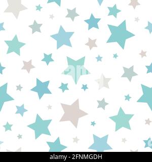 Seamless abstract pattern with little stars of different size and color on white background. Nice and colorful Vector illustration. Magic sky. Blue an Stock Vector