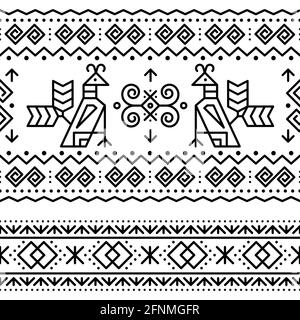 Slovak tribal folk art vector seamless geometric two black patterns with brids swirls, zig-zag shapes inspired by traditional painted art from village Stock Vector