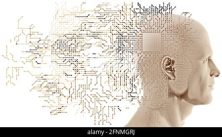 A head side profile overlaid with a computer CPU grid and various sized semi-transparent overlapping circuit board line details. Stock Photo