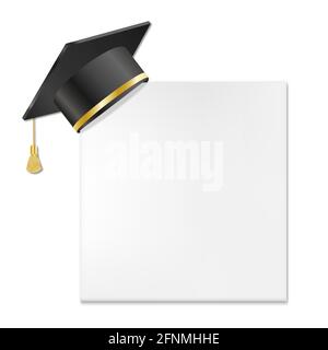 Graduation cap and mortar board on paper corner. Vector education design element isolated on white background Stock Vector