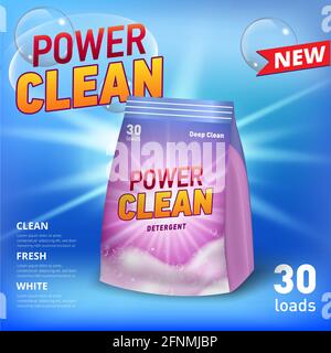Advirtising template for laundry detergent in soft package container, with realistic soap foam and soap bubbles. Sun flare light. Stock Vector