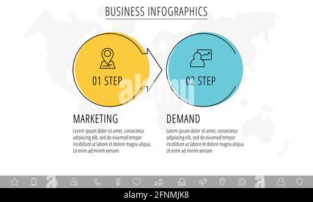 Vector infographics or timeline two circles cards connected by arrows. Business concept of 2 steps. Design template for diagram, presentations, levels Stock Vector