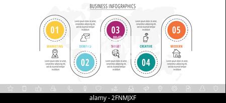Modern and line vector infographic with icons and 5 steps. Circles with thin lines for the application, website, interface, chart, levels, diagram Stock Vector