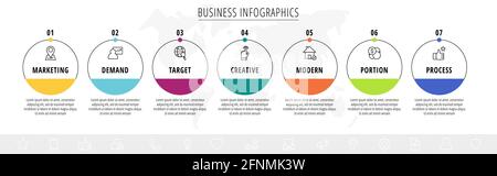 Vector infographics seven circles with arrows. Line business concept of 7 steps, options. Infographic template for diagram, web, banner, presentations Stock Vector