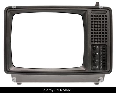 Vintage portable black and white CRT TV receiver with blank screen template isolated on white background. Retro technology concept Stock Photo