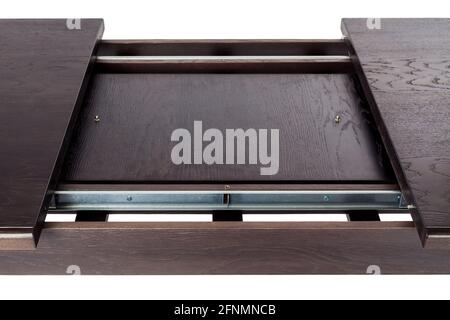 Elements of furniture fittings, folding kitchen table. Wooden modern table isolated on white background. Kitchen dining table close-up. Stock Photo