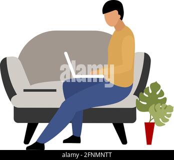 Man working remotely at home flat color vector faceless character Stock Vector