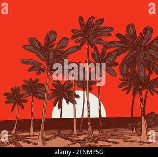 Sunrise on the sand beach with palm trees vector illustration. Sunset on the palm beach. Stock Vector