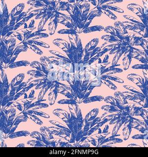 Purple palm-tree leaves on pink background seamless vector pattern Stock Vector