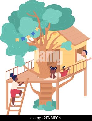 Hanging out with friends in tree fort flat color vector illustration Stock Vector