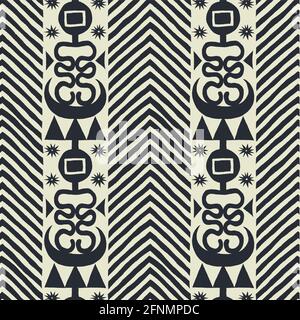 Primitive african pattern with geometry elements, zigzag, snakes, stars, moons bold seamless vector pattern Stock Vector