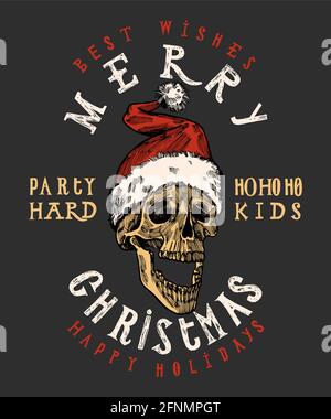 merry christmas santa claus skull print. tough christmas lettering. rock christmas t shirt print. Stock Vector