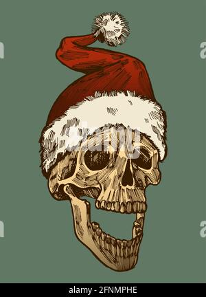 dead santa head. santas skull drawing. smiling skull in santa hat. etching style illustration. Stock Vector