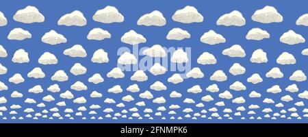 White fluffy clouds on blue sky - horizontal seamless pattern with perspective far to the horizon Stock Vector