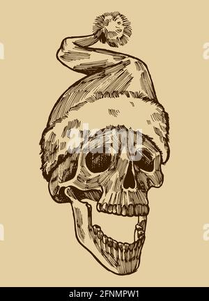 Christmas skull vintage drawing. Stock Vector
