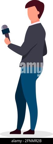 Journalist holding microphone flat color vector faceless character Stock Vector