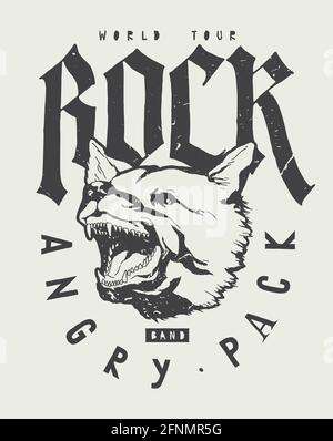 Rock band t-shirt print with angry barking dog. Vector illustration t-shirt print. Stock Vector