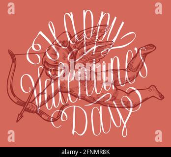 happy valentines day sophisticated calligraphy and cupid drawing card Stock Vector