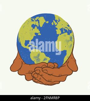 Hands holding Earth - Planet in palms - vintage earth day object illustration Stock Vector