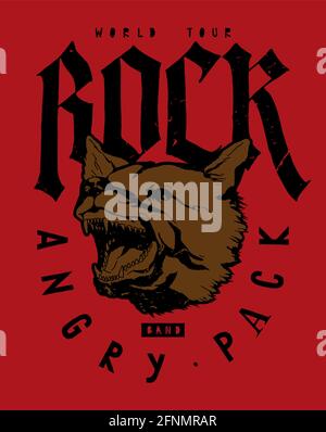 Rock music band world tour. Barking dog head. Gothic font typography t-shirt print. Stock Vector