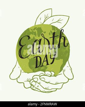 Earth day - palms holding planet and tree leaves - earth day vintage typography poster Stock Vector