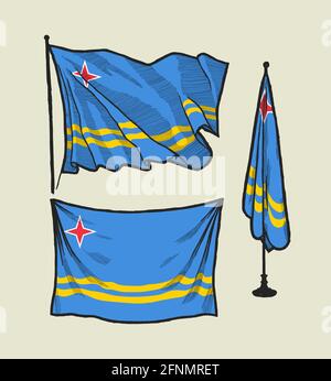 Flag of Aruba on the wind and on the wall hand drawn vector illustration set
